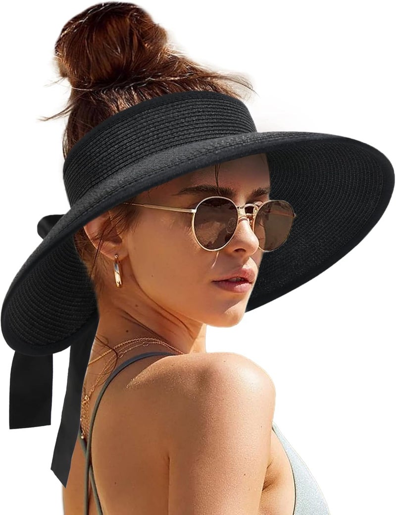 Camptrace Sun Visors for Women Wide Brim Beach Hat Foldable Straw Visor Hat Ponytail Summer Packable UPF 50+ - Image 1